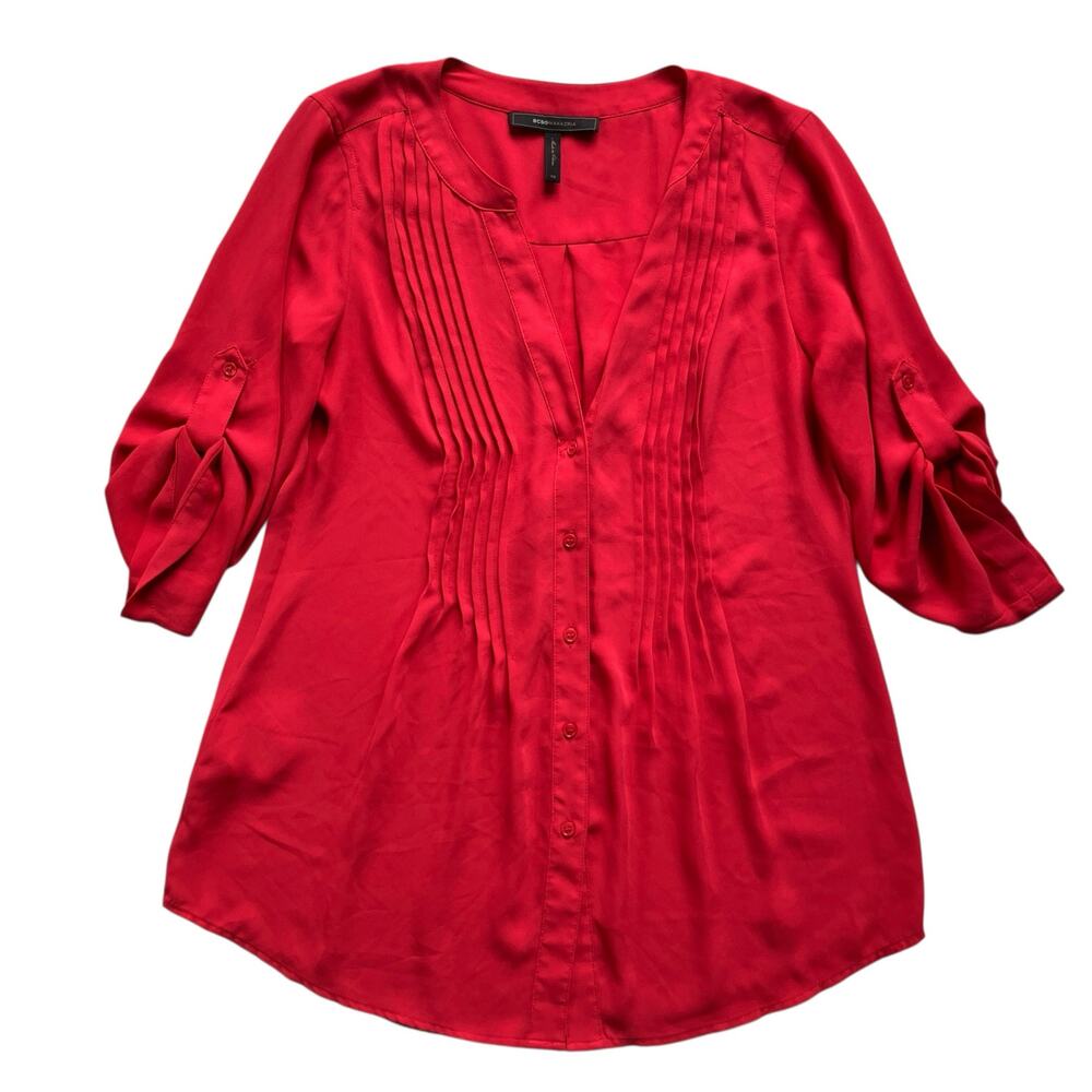 BCBG MAXAZRIA Twiggy Pleat Front V-Neck Blouse Size XS Poppy Red Y2K